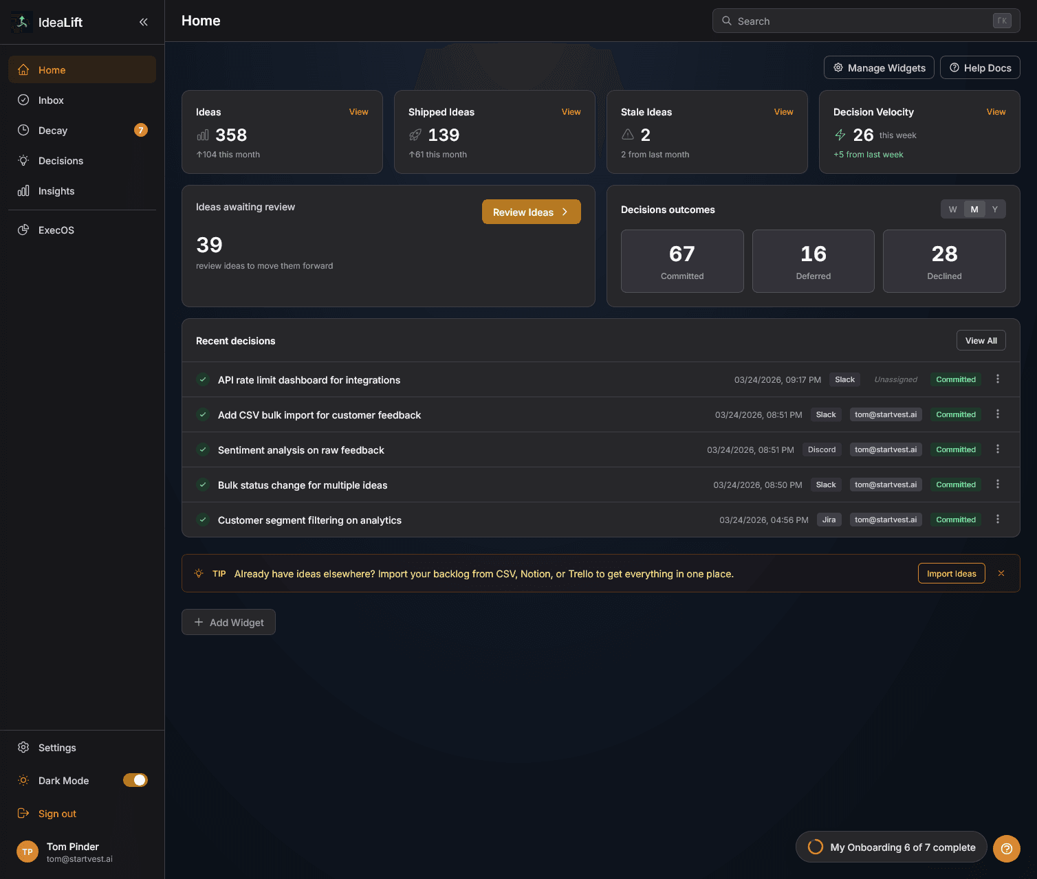 IdeaLift dashboard showing 358 ideas, 139 shipped, decision velocity, and recent decisions