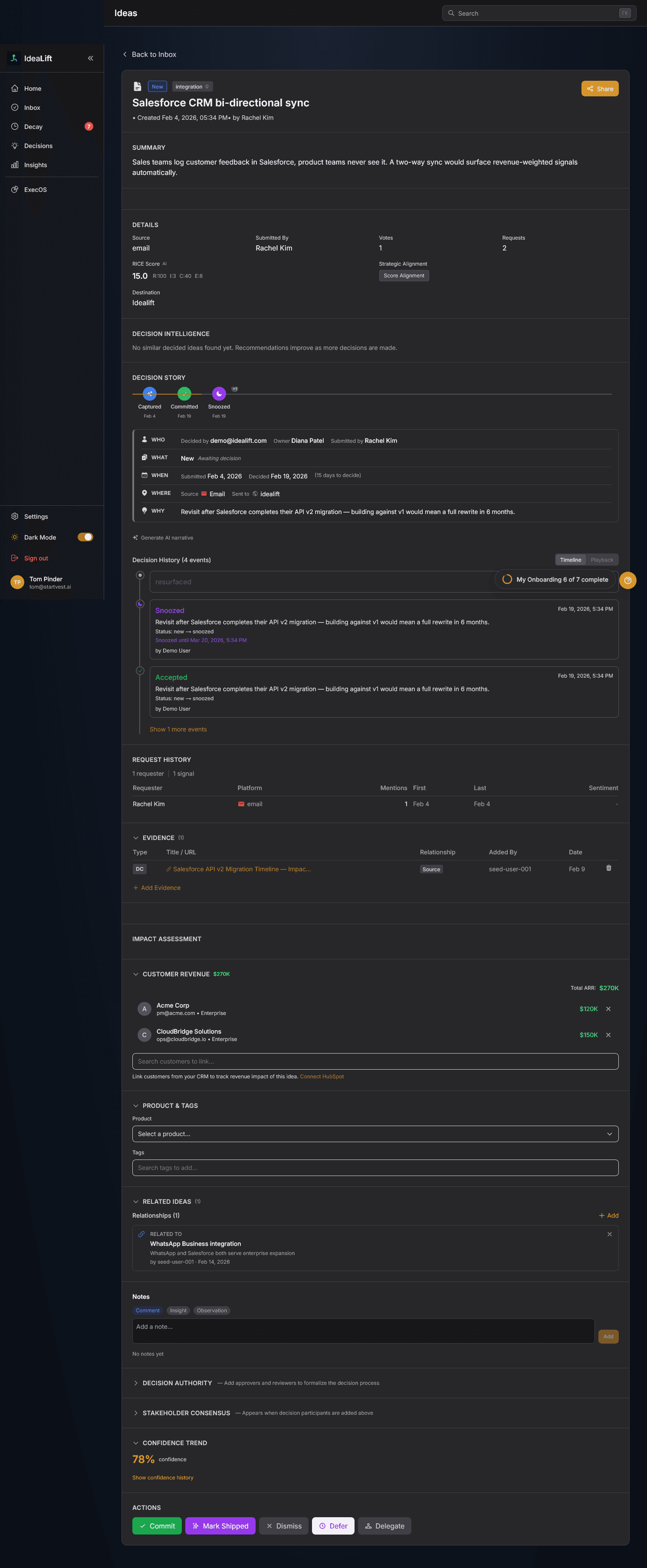 Idea detail view showing decision story, timeline, CRM revenue impact, evidence trail, and related ideas